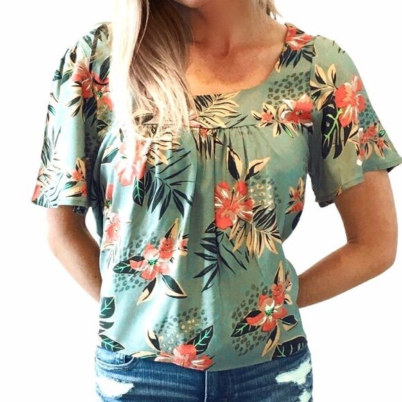 NWT SADIE & SAGE Tropical Print Short Sleeve Top - Picture 4 of 11